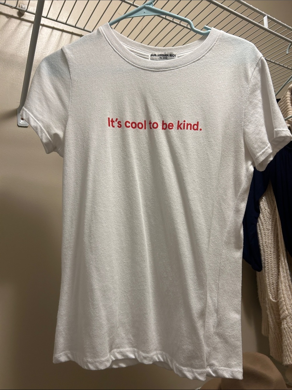 Woman’s Sub_Urban Riot White Tee with Red "It's cool to be kind." Graphic